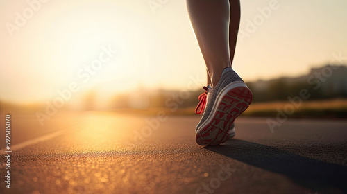 Female runner's legs on asphalt at sunset. Generative AI