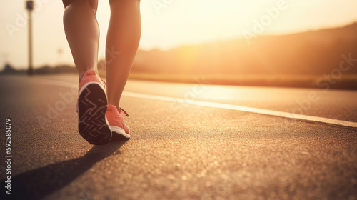 Female runner s legs on asphalt at sunset. Generative AI