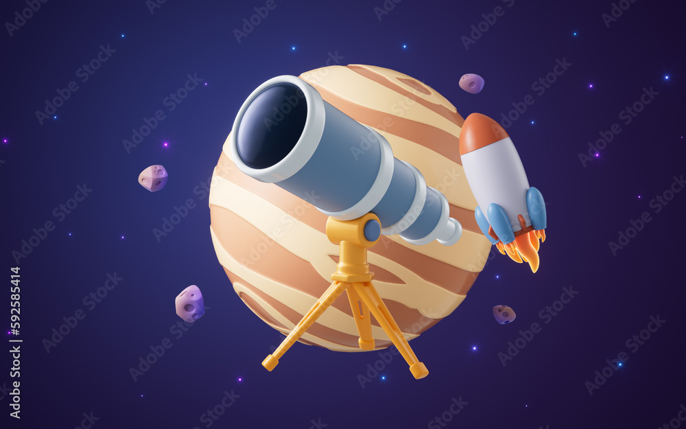 Telescope in outer space with cartoon style, 3d rendering. Telescope in outer space with cartoon style, 3d rendering.