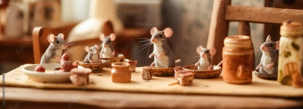 Cute mice famili having dinner in a rural kitchen. Created with Generative AI technology. Cute mice famili having dinner in a rural kitchen. Created with Generative AI technology.