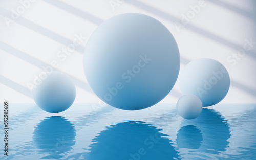 White spheres with water surface  3d rendering.