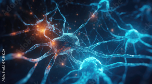 Conceptual illustration of neuron cells with glowing link knots. Blue green Neurons in brain on with focus effect. Synapse and Neuron cells sending electrical chemical signals. Generative ai  