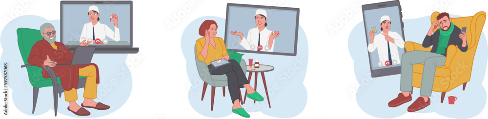 Set of doctors consulting their patients via video calls. Online medical consultations. Contemporary digital healthcare services. Internet treatment and checkup. Vector