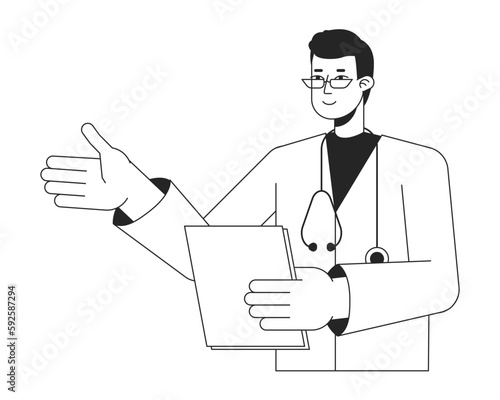 Male doctor with medical clipboard flat line black white vector character. Editable isolated outline half body person. MD simple cartoon style spot illustration for web graphic design, animation