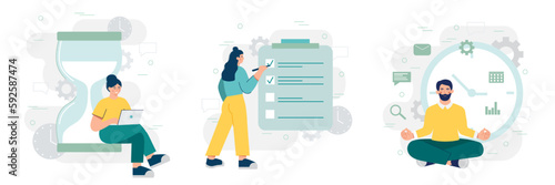 Set of cartoon characters developing effective time management strategies. Process of planning and organizing schedule. Time for making calendar schedule. Vector
