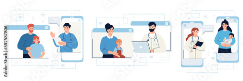 Set of cartoon characters having video call meetings with therapists. Modern online healthcare services. Process of giving remote consultations to patients. Vector