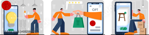 Set of cartoon characters of young people choosing goods when doing online shopping. Digital age and electronic commerce. Mobile app for making purchases over Internet. Vector