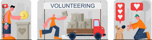Set of cartoon characters doing their charity work. Charity and donations. Social active youth. Concept of volunteering. Helping people and pets for free. Vector