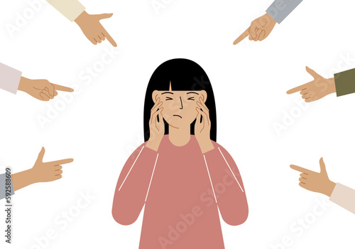 The concept of public condemnation, victim blaming and bullying. Crying depressed woman. The fingers point at the character and hate him. Internet cyberbullying.