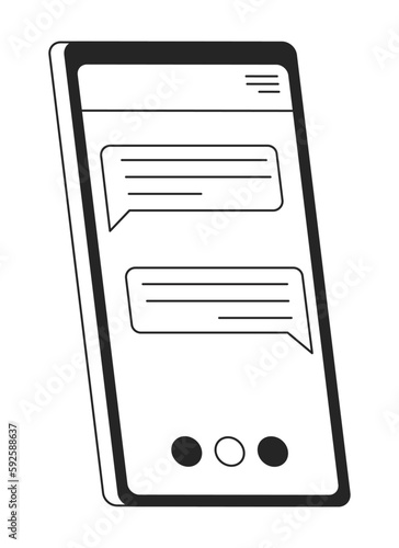 Tilted mobile phone with conversation in messenger flat line black white vector object. Editable cartoon style icon. Simple isolated outline spot illustration for web graphic design and animation