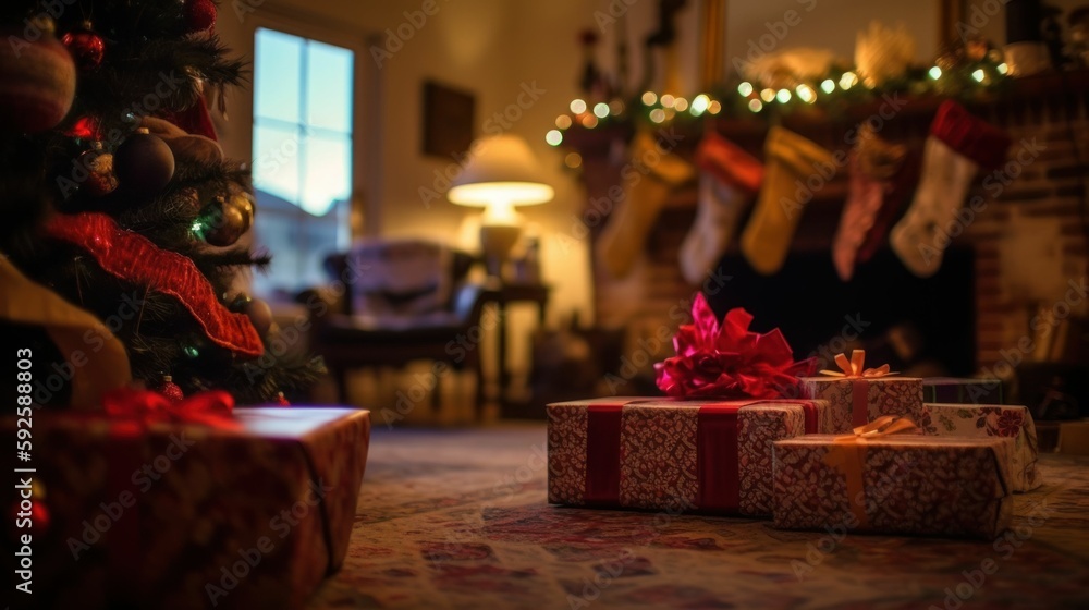 Gifts close-up in front of a Christmas tree and fireplace. Generative AI illustration. Gifts close-up in front of a Christmas tree and fireplace. Generative AI illustration.