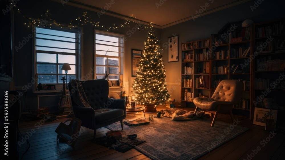 Cozy living room interior with Christmas tree and decorations. Generative AI illustration.