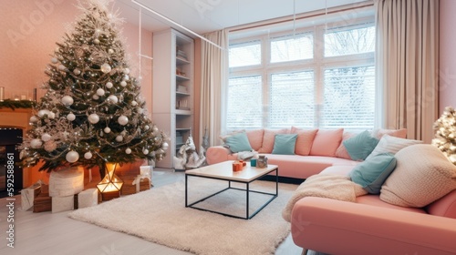 Cozy Pink and Light Blue Modern Christmas Living Room with Decorated Tree and Presents. Generative AI illustration