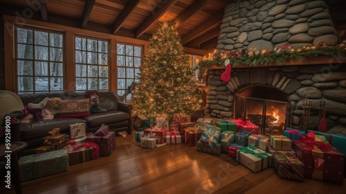 Cozy rustic living room interior with a fireplace, decorated for Christmas with a tree. Generative AI illustration. © Tuyres
