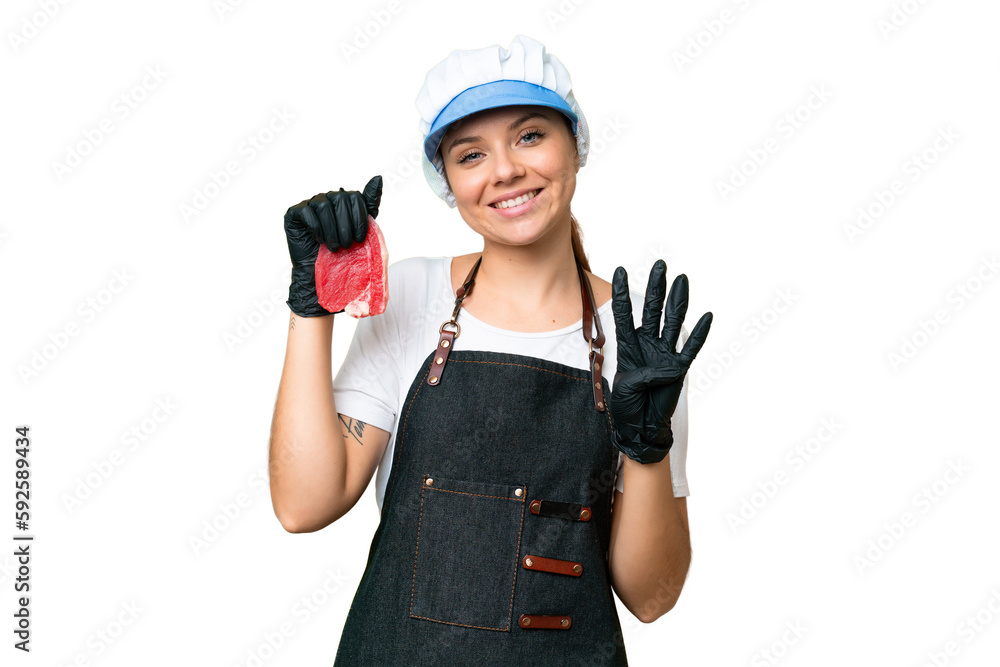 Butcher woman wearing an apron and serving fresh cut meat over isolated chroma key background happy and counting four with fingers Butcher woman wearing an apron and serving fresh cut meat over isolated chroma key background happy and counting four with fingers