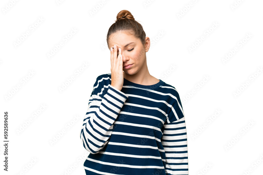 Young blonde woman over isolated chroma key background with headache Young blonde woman over isolated chroma key background with headache