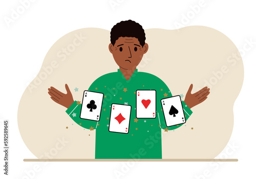 Man holding playing cards cards. Playing combination of 4 aces or four of a kind.