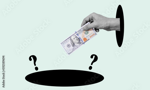 Photography Art collage, hands with money, hand throws dollars into a black hole