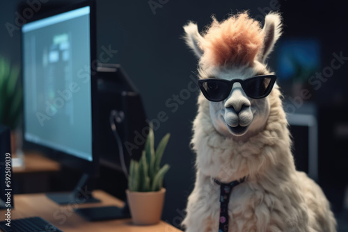 stylish cool llama sitting in the office, Generative AI