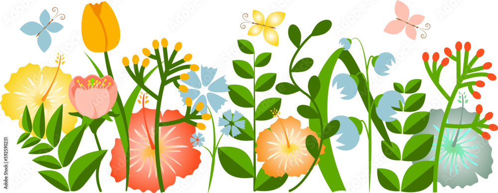 Fototapeta premium Flower border made of various garden plants and butterflies vector