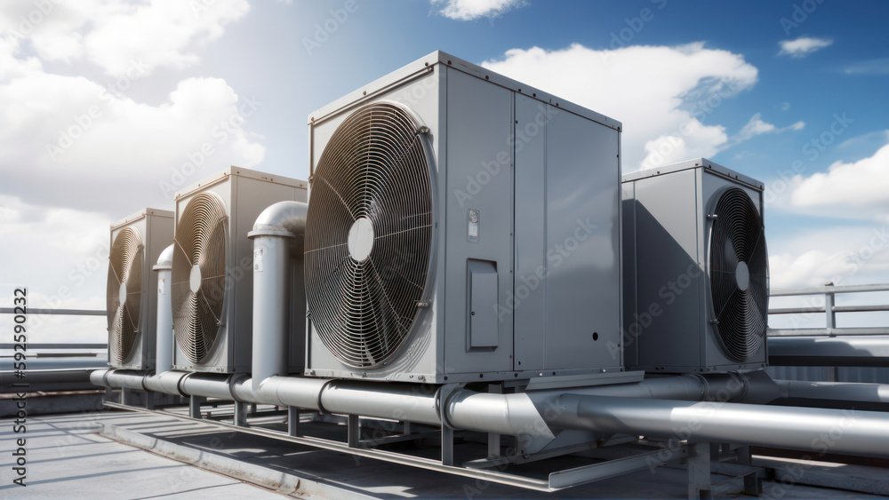 Air conditioners on the roof of the building. The concept of climate ...