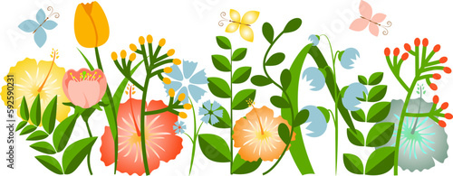 Flower border made of various garden plants and butterflies vector