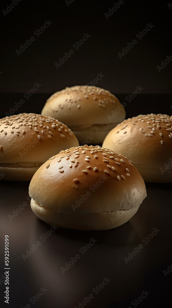 Fresh white hamburger buns with shiny tops created with Generative AI technology Fresh white hamburger buns with shiny tops created with Generative AI technology
