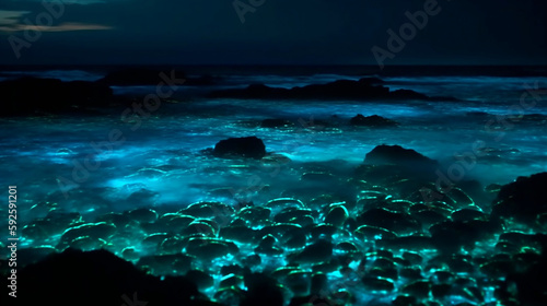 A beautiful bioluminescent ocean with glowing plankton under a stunning sky. Generative AI.