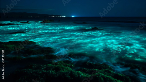 A beautiful bioluminescent ocean with glowing plankton under a stunning sky. Generative AI. © Aiakos