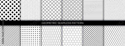 Vector collection of minimalist geometric seamless patterns with dot, line, square. Polka dot, wavy, zigzag, diamond, diagonal, hexagonal repeat background.