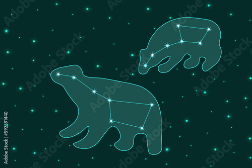 A large horizontal banner with the Constellation of the big and little Dipper. The star poster. Astronomical banner. Silhouette of Bears in the sky. URSA. Vector illustration with Bucket. 