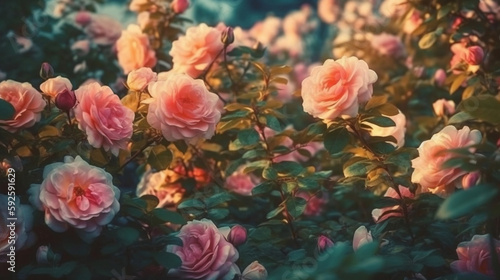Soft selective focus on blooming rose bush, creating a beautiful natural floral spring background, perfect for a spring floral. Generative AI.