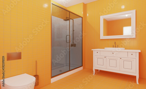 Stylish bathroom  modern design with yellow ceramic tiles. 3D rendering.
