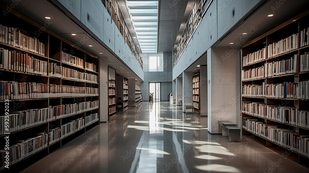 A stunning modern library filled with books. Generative AI. A stunning modern library filled with books. Generative AI.
