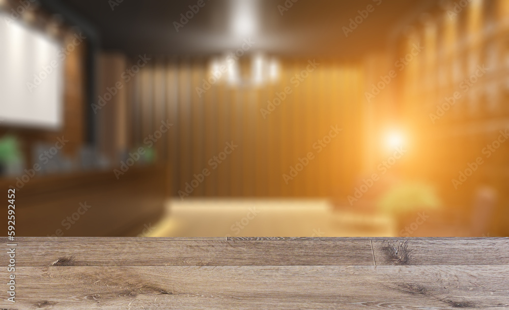 . Sunset.. Background with empty wooden table. Flooring.