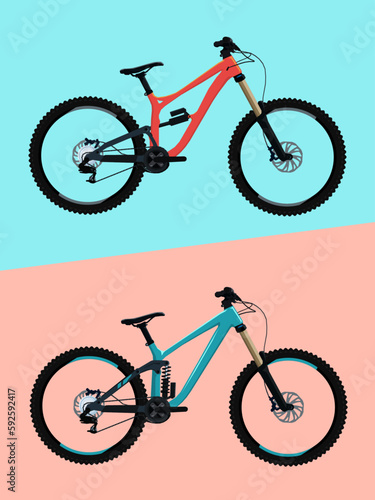 A set of two mountain bikes, enduro, downhill bikes. Side view of racing bikes. Extreme sports. cross-country bicycle. Vector illustration. bicycle two-suspension.
