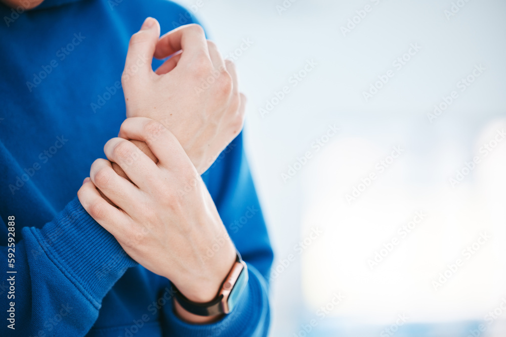 Hands, wrist pain or woman with injury after fitness exercise, sports training or workout accident. Closeup, injured athlete or girl with fibromyalgia, muscle tendinitis or broken bone on mock up Hands, wrist pain or woman with injury after fitness exercise, sports training or workout accident. Closeup, injured athlete or girl with fibromyalgia, muscle tendinitis or broken bone on mock up