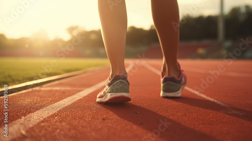 Female runner's legs on race track at sunset. Generative AI