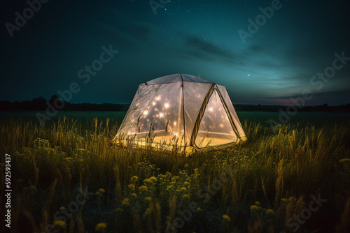 Trip concept - illustration of a luminated tent in the moddile of a field at night. Generative AI