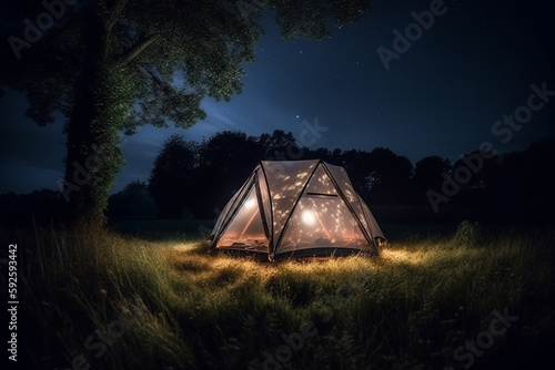 Trip concept - illustration of a luminated tent in the moddile of a field at night. Generative AI photo