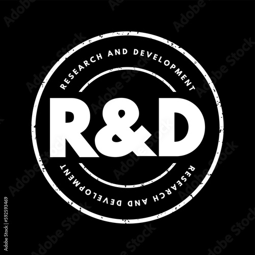 R and D - Research and Development is activities that companies undertake to innovate and introduce new products and services, acronym text concept stamp