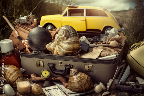 Abstract conceptual surreal collage of a summer vacation theme with a snail shell and a suitcase. Generative AI