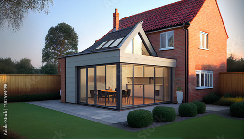 Modern Sunroom or conservatory extending into the garden, surrounded by a block paved patio photo