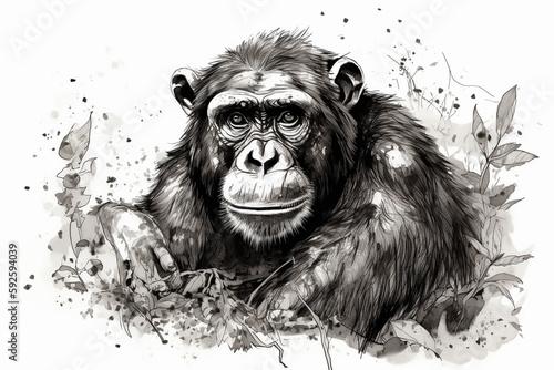 Hand drawn ink illustration of a chimpanzee in its natural habitat. Generative AI.