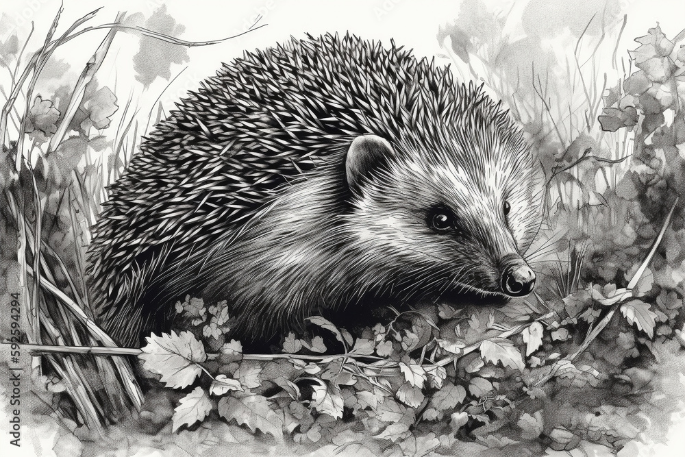 Fototapeta premium Hand drawn ink illustration of a hedgehog in its natural habitat. Generative AI.