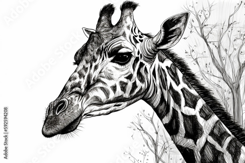 Hand drawn ink illustration of a giraffe in its natural habitat. Generative AI.