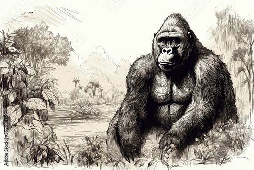 Hand drawn ink illustration of a gorilla in its natural habitat. Generative AI.