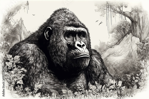 Hand drawn ink illustration of a gorilla in its natural habitat. Generative AI.