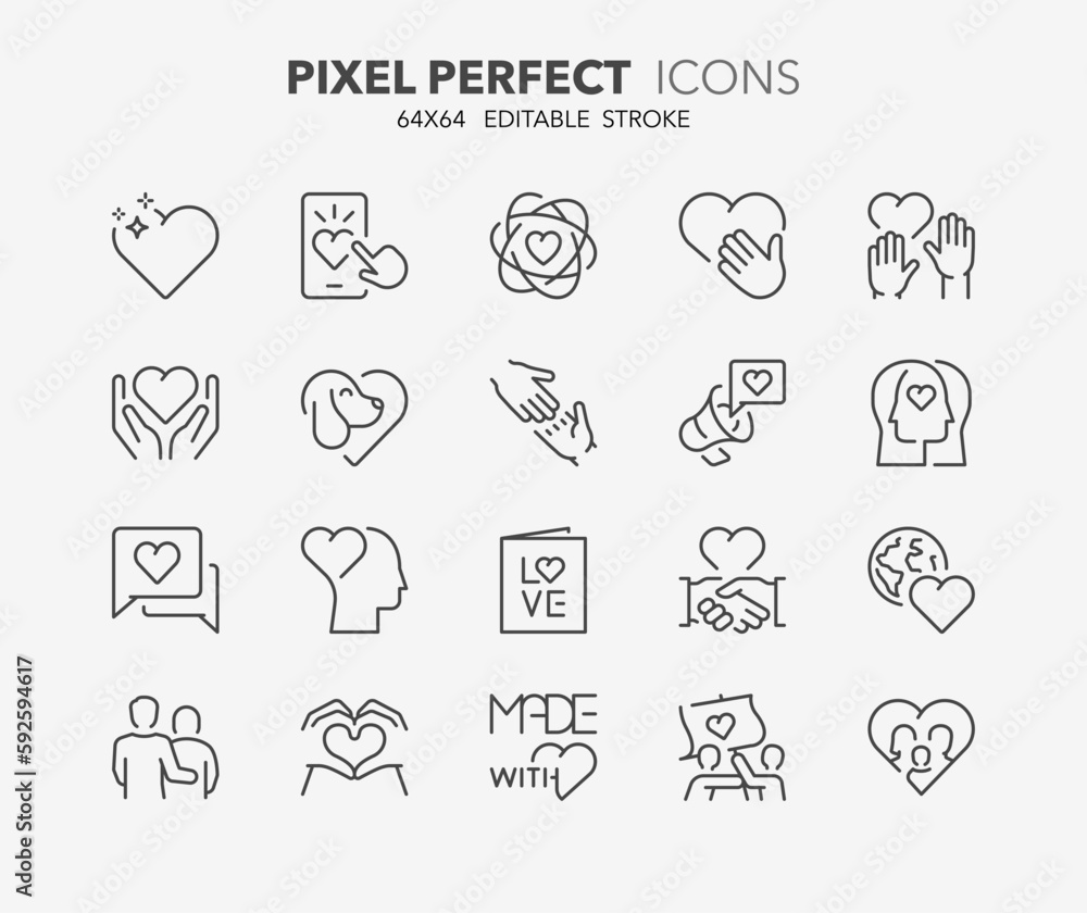 Set of thin line icons about love. Editable vector stroke. 64x64 Pixel Perfect. Set of thin line icons about love. Editable vector stroke. 64x64 Pixel Perfect.
