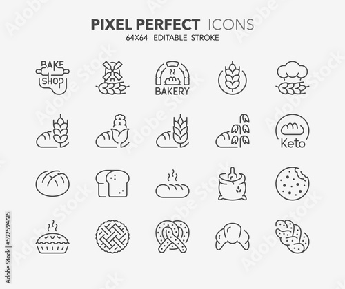 Set of bakery and breads, thin line icons. Editable vector stroke. 64x64 Pixel Perfect.